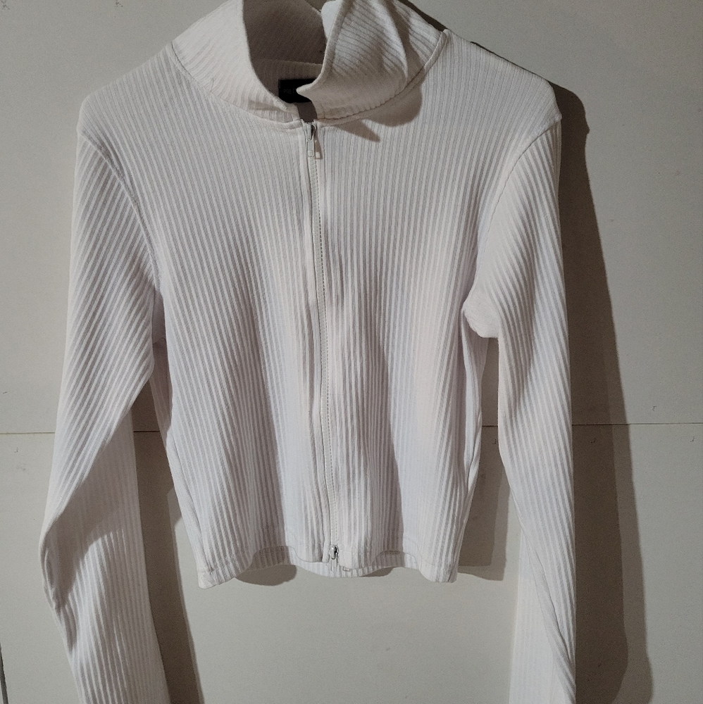 White jumbo rib collar double zip top